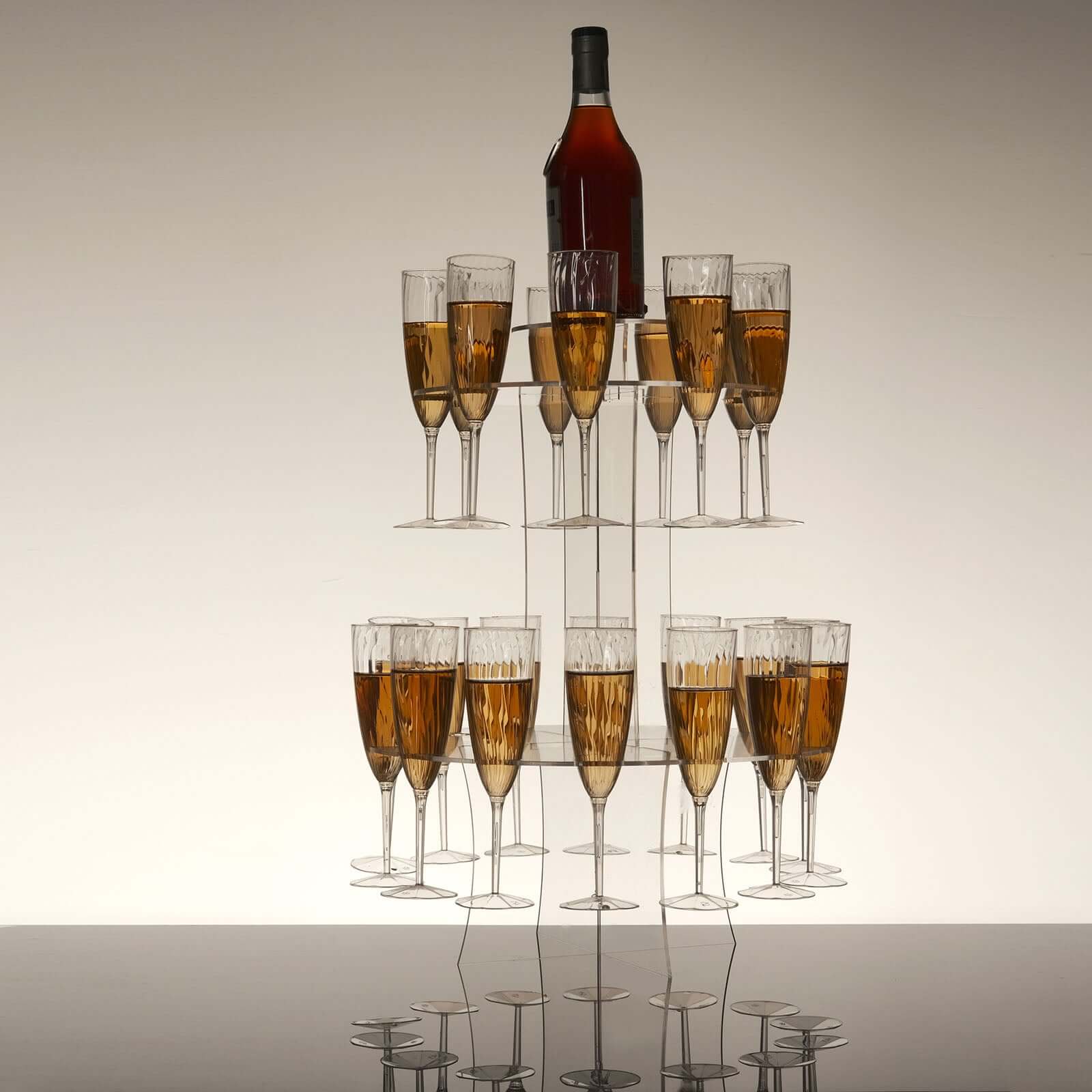 3-Tier Round Champagne Glass Holder Tower 21" Clear Acrylic Holds 23 Stemware + 1 Bottle, Flute Display Rack Cocktail Tree Stand for Stylish Drink